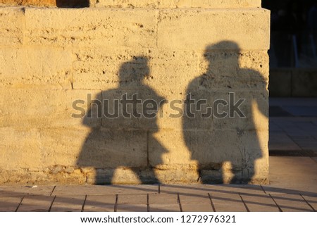 Front view of the shadows of a woman and a man walking together in the street. Figures of two persons projected at the surface of a brown textured stone wall. Silhouettes of people drawn on a facade