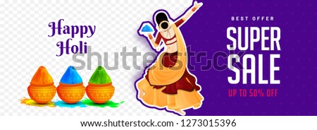 Super sale header or banner design with illustration of dancing girl character and 50% discount offer for Holi festival celebration concept.