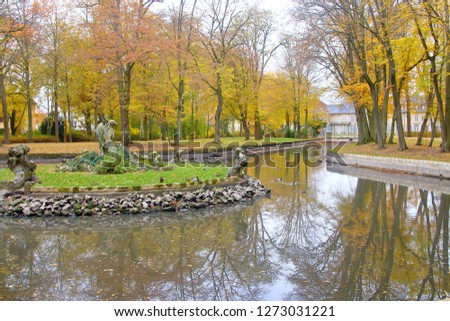 The photo was taken in the autumn park of the German city of Bayreuth. The picture shows a picturesque pond surrounded by trees with yellow foliage. In the middle of the pond is an island.