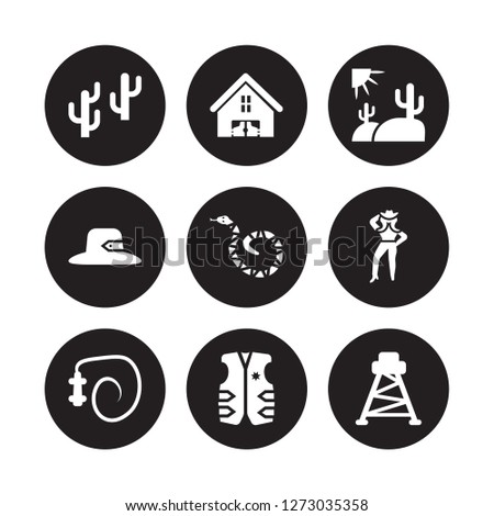 9 vector icon set : Desert Tree, saloon, cowboy Whip, Cowgirl, Crotalus, Landscape, desert Hat, Cowboy Vest isolated on black background