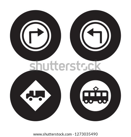 4 vector icon set : Turn right, Truck, left, Tram isolated on black background