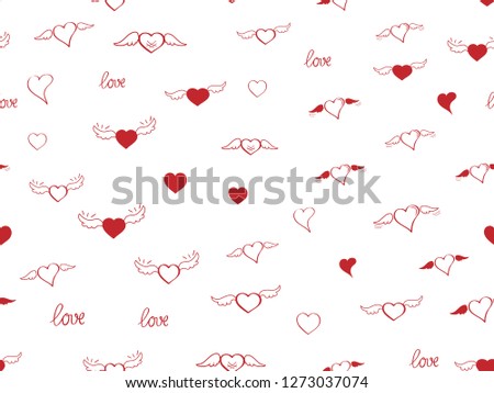 Seamless pattern with heart. Hand drown sketch hearts with wings and love. Happy Valentines day background. Heart and love background. Red love heart on white background. Vector design greeting card