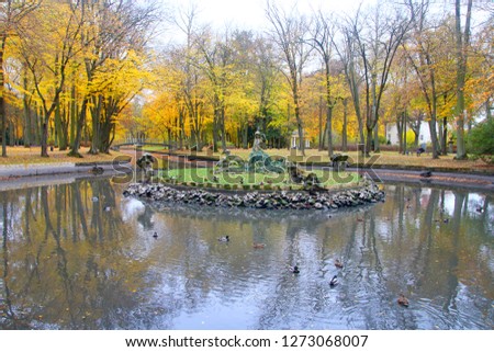 The photo was taken in the autumn park of the German city of Bayreuth. The picture shows a picturesque pond surrounded by trees with yellow foliage. In the middle of the pond is an island with statues