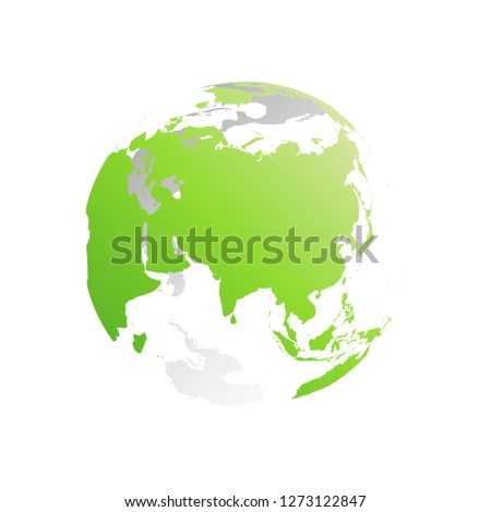 3D planet Earth globe. Transparent sphere with green land silhouettes. Focused on Asia.