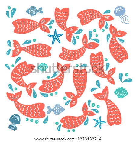Set of mermaid tails, fishes, starfishes, shells, jellyfishes silhouettes. Hand drawn flat marine elements. Vector illustrations isolated on white background.