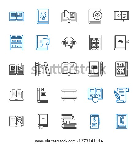 bookstore icons set. Collection of bookstore with phone book, book, books, open book, literature, bookshelf, audiobook, diary. Editable and scalable bookstore icons.