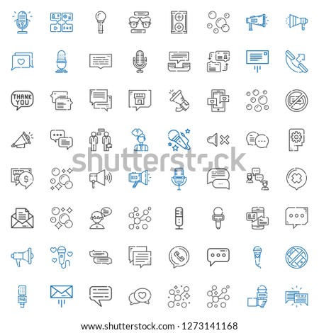 speak icons set. Collection of speak with chat, microphone, bubbles, message, silent, phone call, megaphone, speaker, thinking, mute, voice. Editable and scalable speak icons.
