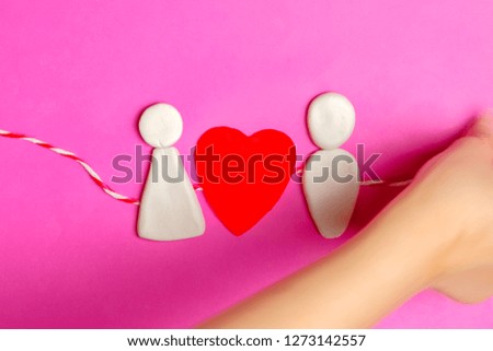 Pair of love, Valentines day, big red hearts and cute couple cartoon in love together on pink background with copy space