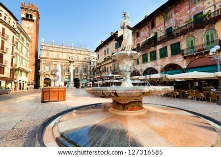 View of the Piazza delle Erbe in center of Verona city, Italy Royalty-Free Stock Photo #127316585