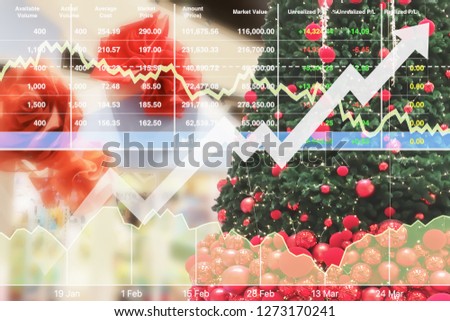 Stock financial index of successful investment sale competition on Christmas and New Year shopping holiday sale festival with data number chart and graph background.