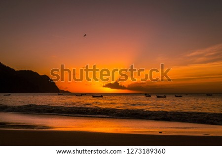 Tobago, West Indies, Caribbean.  Beautiful red sunset over the ocean in the fishing village of Castara with seabirds and Frigate bird flying over the ocean and boats. Horizontal, landscape
