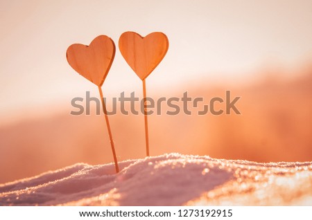 Hearts in warm winter snow - Valentine, romantic date or marriage concept photo with copy space