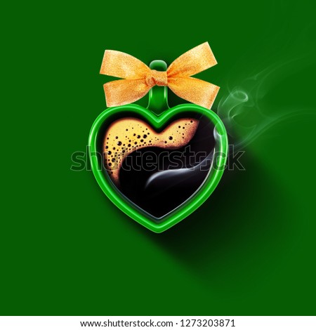 Cup in the shape of a heart. Aromatic coffee on a green background for your advertising. Valentine's Day postcard
