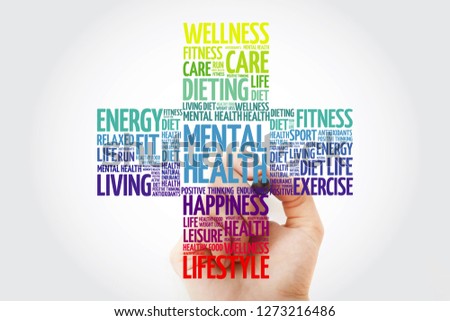 Mental health cross word cloud with marker, health concept background