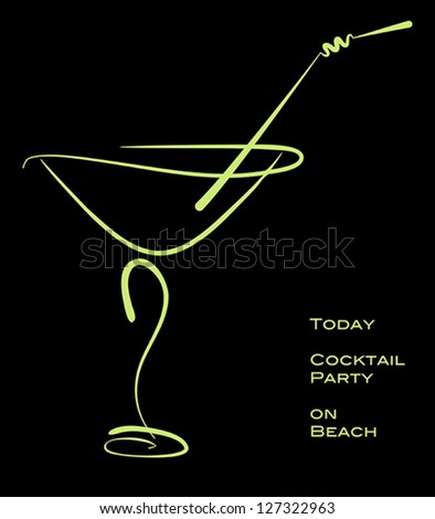 Cocktail party. Green silhouette of alcohol cocktail in glass with straw on black. Vector eps10 illustration. Raster file included in portfolio