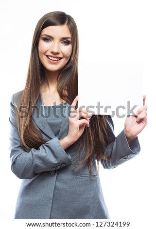 Smile Business woman portrait with blank white board on white isolated . Female model with long hair.