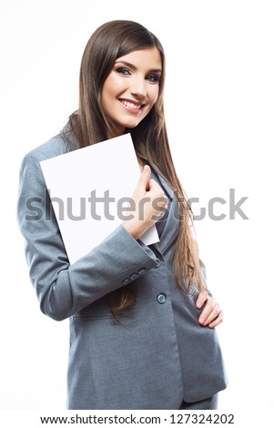 Smile Business woman portrait with blank white board on white isolated . Female model with long hair.