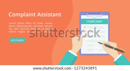 Complaint form on clipboard with hands landing page concept. Online assistant service website page vector concept, check list with complaint survey. Red landing illustration with hand and clipboard Royalty-Free Stock Photo #1273243891