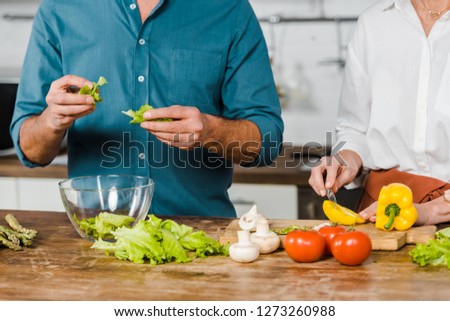 cropped image of mature wife and husband preparing salad in kitchen