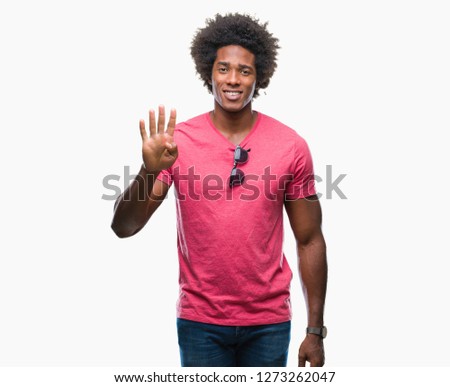Afro american man over isolated background showing and pointing up with fingers number four while smiling confident and happy.