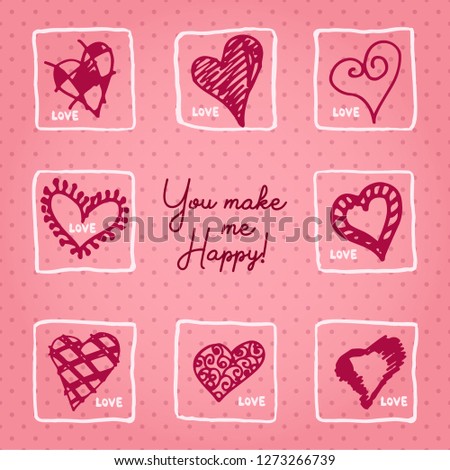Valentines day card or invitation whit motivation text You make me Happy. Wedding concept Greeting card, poster, banner, design element. Love pink background. Vector illustration.