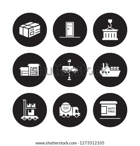 9 vector icon set : Parcel, Delivery door, Package On Trolley, Ocean transportation, Supply chain, Container Hanging, Hangar, Date isolated on black background