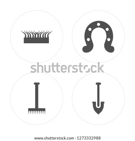 4 Grass, Rake, Horseshoe, Shovel modern icons on round shapes, vector illustration, eps10, trendy icon set.