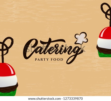 Hand sketched lettering Catering company logo on pink. Canape, tomato.Vector illustration EPS 10. Outdoor events and restaurant premium service. As template of card, banner, for menu, flyer