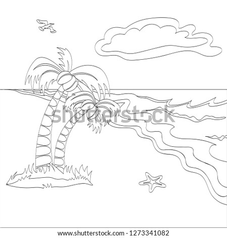 Vector outlined illustration of a tropical beach scene. Can use for coloring book.