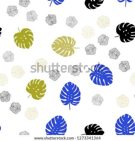 Light Blue, Yellow vector seamless abstract background with flowers, leaves. Shining colored illustration with leaves and flowers. Texture for window blinds, curtains.