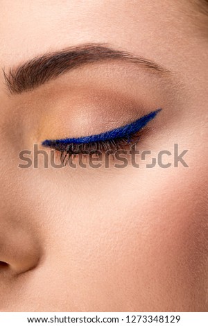 partial view of closed female eye with blue eyeliner and perfect skin Royalty-Free Stock Photo #1273348129