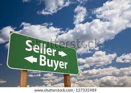 Seller, Buyer Green Road Sign Over Dramatic Clouds and Sky. Royalty-Free Stock Photo #127335989