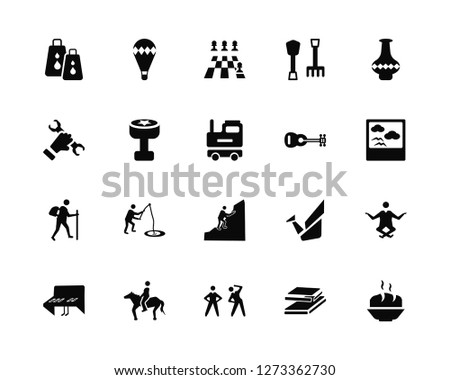 Vector Illustration Of 20 Icons. Editable Pack Bags, Book, Exercise, Riding, Piano, Pottery, Guitar, Climb, Trekking, Stamp, Chess board