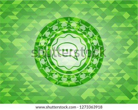 speech bubble icon inside green emblem with triangle mosaic background