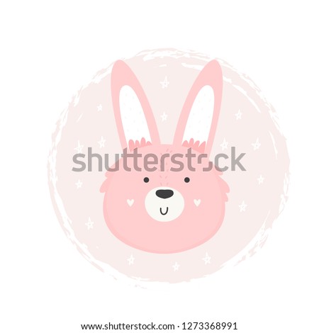 Rabbit hand drawn face. Vector character. Baby print, textile, book, baby shower template card