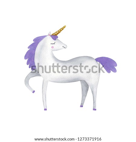 Watercolor Illustration of white unicorn. Fairy tale creature. Magical animal clip art.