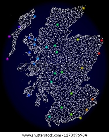 Mesh vector map of Scotland with glare effect. Light spots have bright rainbow colors. Abstract lines, triangles, light spots and points on a dark background with map of Scotland.
