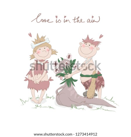 neanderthal couple in love postcard vector isolated
