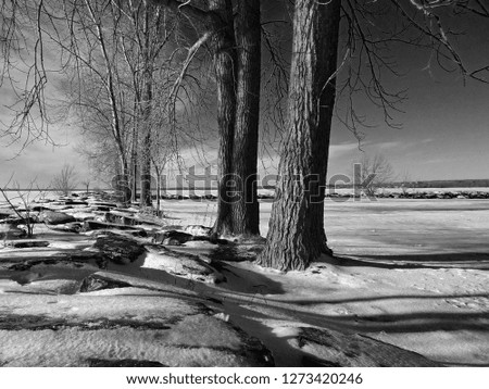 Black and white photo of a snow-covered pathway next to the frozen Ottawa River in Canada                               