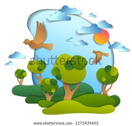 Green fields and trees scenic landscape of summer with clouds birds and sun in the sky, paper cut style childish illustration, holidays in countryside, travel and tourism theme.