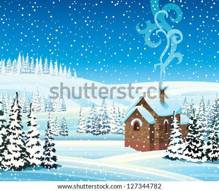 Winter landscape with hills, frozen forest, house and snowfall