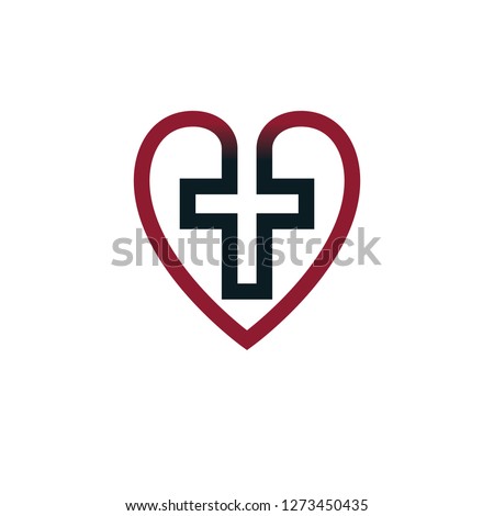 Love of God vector creative symbol design combined with Christian Cross and heart, vector logo or sign.