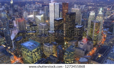 An aerial of Toronto, Canada city center after dark