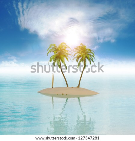 Holiday Island concept with palms and surfboard
