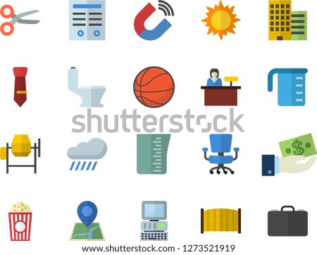 Color flat icon set concrete mixer flat vector, toilet, skyscraper, fence, meashuring cup, popcorn, sun, rain, magnet, investments, office chair, tie, contract, computer, basketball, scissors, case