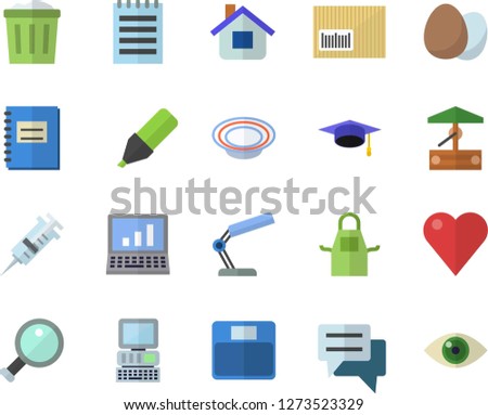 Color flat icon set apron flat vector, egg, dish, well, house, marker, chat, barcode, syringe, heart, notebook, reading lamp, notepad, computer, bachelor cap, magnifier, weighing machine, trash can