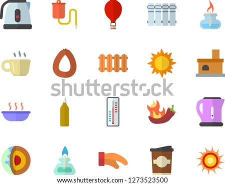 Color flat icon set heating batteries vector, flat, electric kettle, potholder, sausage, soup, hot peppers, coffe, mustard, thermometer, sun, fireplace, medical warmer, coffee, gas burner, balloon
