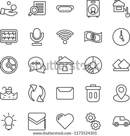 Thin Line Icon Set - document search vector, circle chart, house, heart, monitor pulse, pin, microphone, dialog, speaker, update, clock, mail, wireless, pool, hot dog, serviette, home control, gear