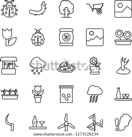 Thin Line Icon Set - storm cloud vector, flower in pot, tree, wheelbarrow, sproute, lady bug, seedling, rain, well, sickle, seeds, caterpillar, fertilizer, tulip, gallery, pond, windmill, alcohol