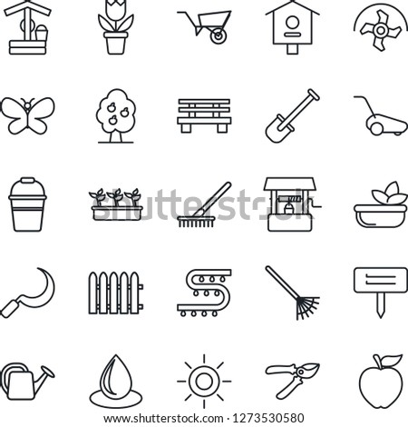 Thin Line Icon Set - flower in pot vector, shovel, ripper, fence, rake, watering can, wheelbarrow, bucket, pruner, lawn mower, butterfly, seedling, water drop, sun, well, sickle, plant label, bench
